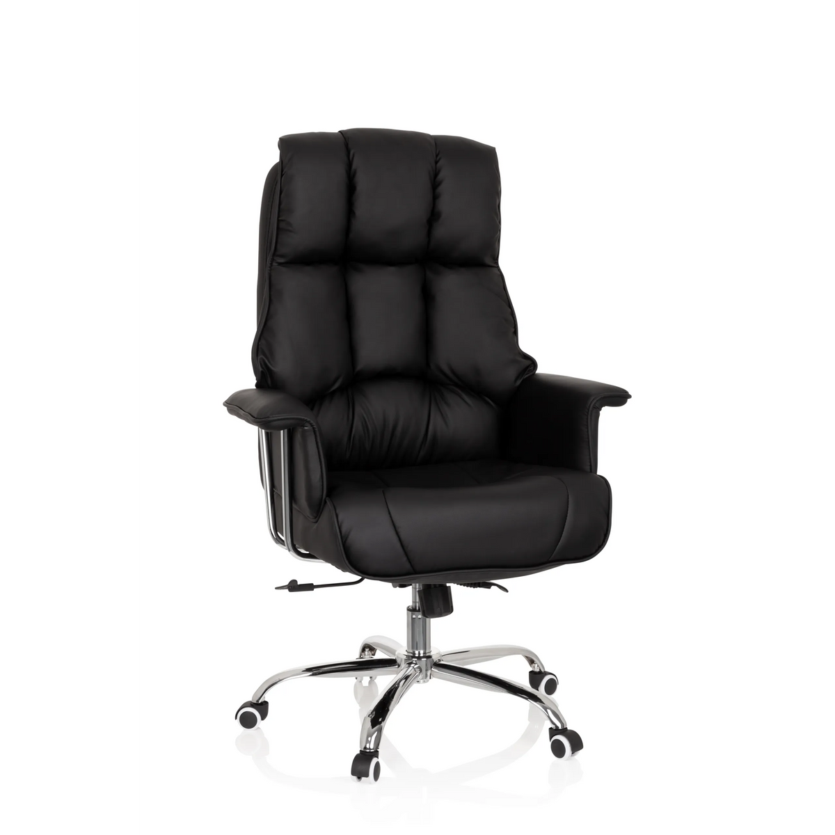 Poltrona professionale COMMANDER nera con imbottitura trapuntata e base a cinque ruote di hjh OFFICE – vista a 360° (vista frontale 20°)