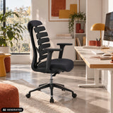 Sedia da ufficio professionale ERGO LINE II nera con schienale segmentato e base a stella con ruote di hjh OFFICE (immagine generata dall’IA)