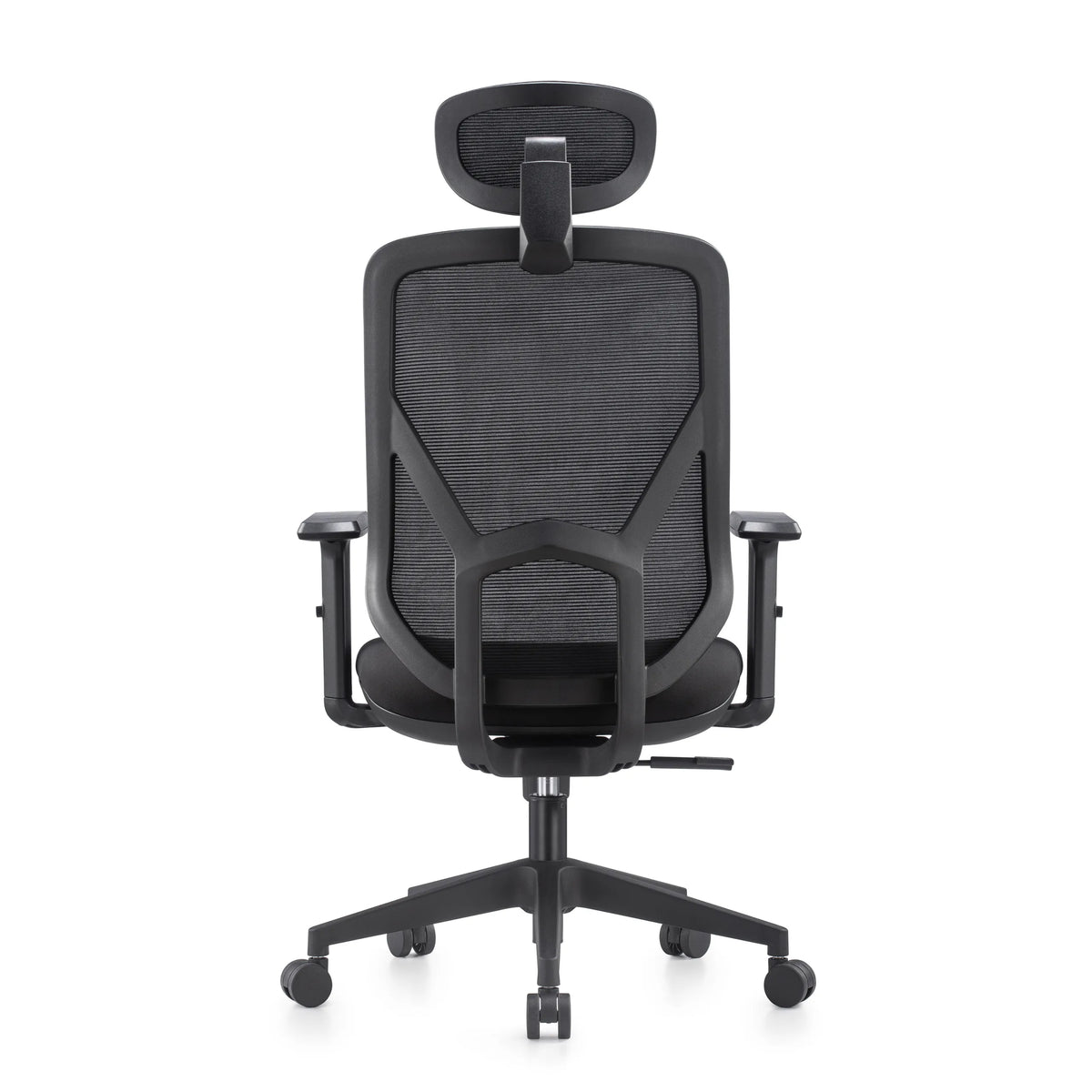 Vista posteriore della Sedia Home Office BLACORE in nero con schienale in rete e poggiatesta di MyBuero