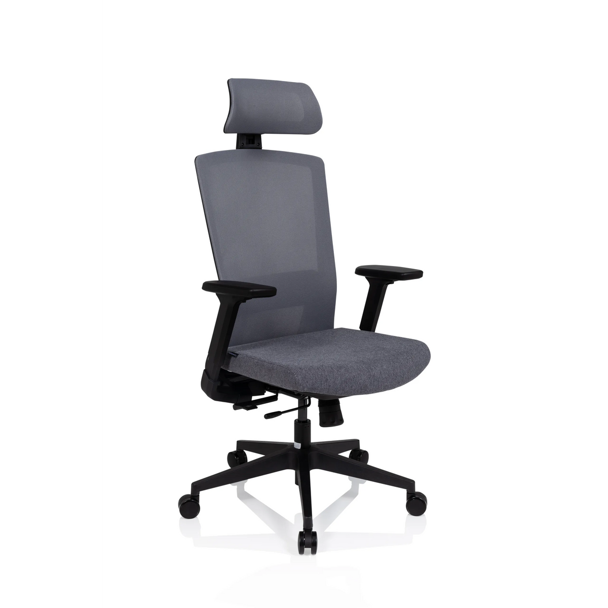 Sedia da ufficio professionale CAPTIVO grigia con schienale in rete, poggiatesta e base a cinque ruote di hjh OFFICE – vista a 360° (vista frontale a tre quarti 40°)