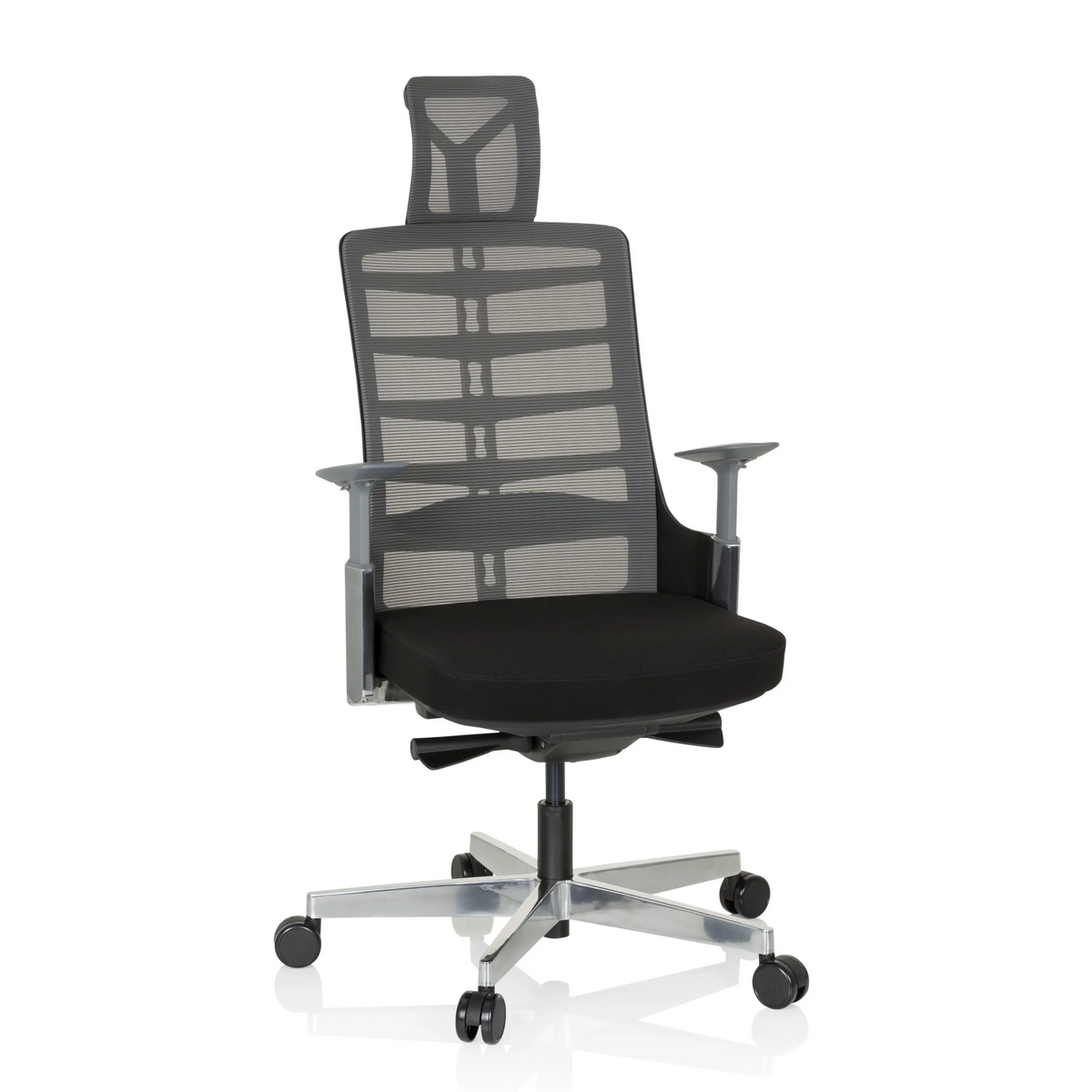 High-end Sedia da ufficio SKARIF nero-grigia con schienale in rete e base a cinque ruote di hjh OFFICE – vista a 360° (vista frontale 20°)