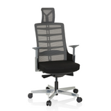 High-end Sedia da ufficio SKARIF nero-grigia con schienale in rete e base a cinque ruote di hjh OFFICE – vista a 360° (vista frontale 20°)