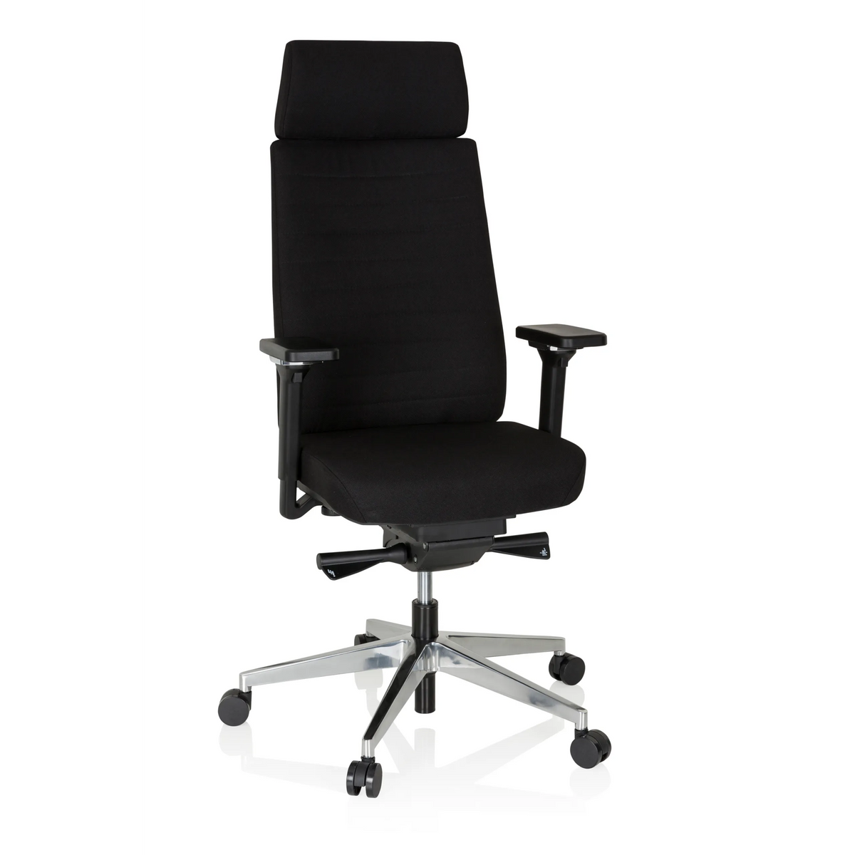 Sedia da ufficio professionale MOVE-TEC PRO 3D nera con poggiatesta e base a cinque ruote di hjh OFFICE – vista a 360° (vista frontale 20°)