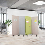 Pareti divisorie mobili FLEXMIUT in beige, grigio scuro e verde chiaro su ruote con note di hjh OFFICE