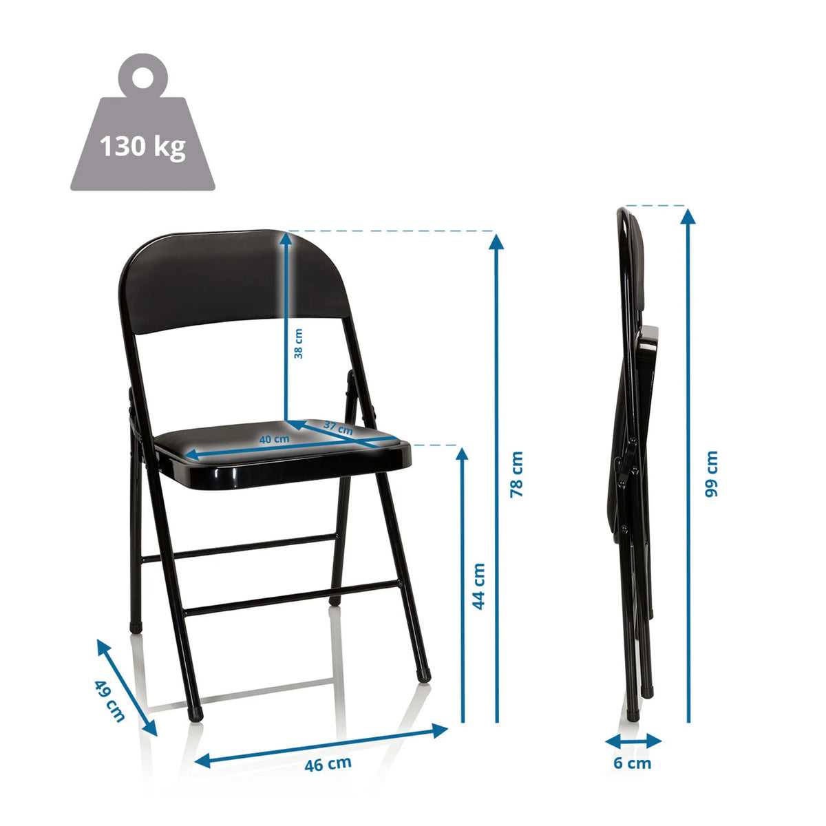 Maßzeichnung des Klappstuhls TUDELA mit einer Gesamthöhe von 78 cm und Belastbarkeit von 130 kg von hjh OFFICE