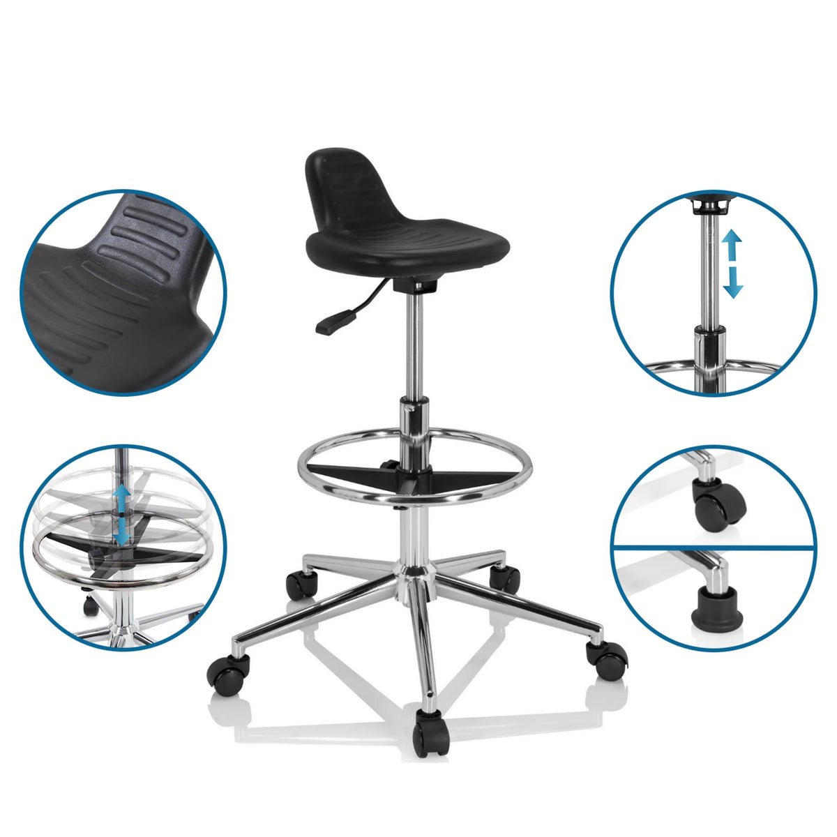 Seduta modellata nera e struttura regolabile in altezza dello Sgabello girevole TOP WORK 03 I di hjh OFFICE