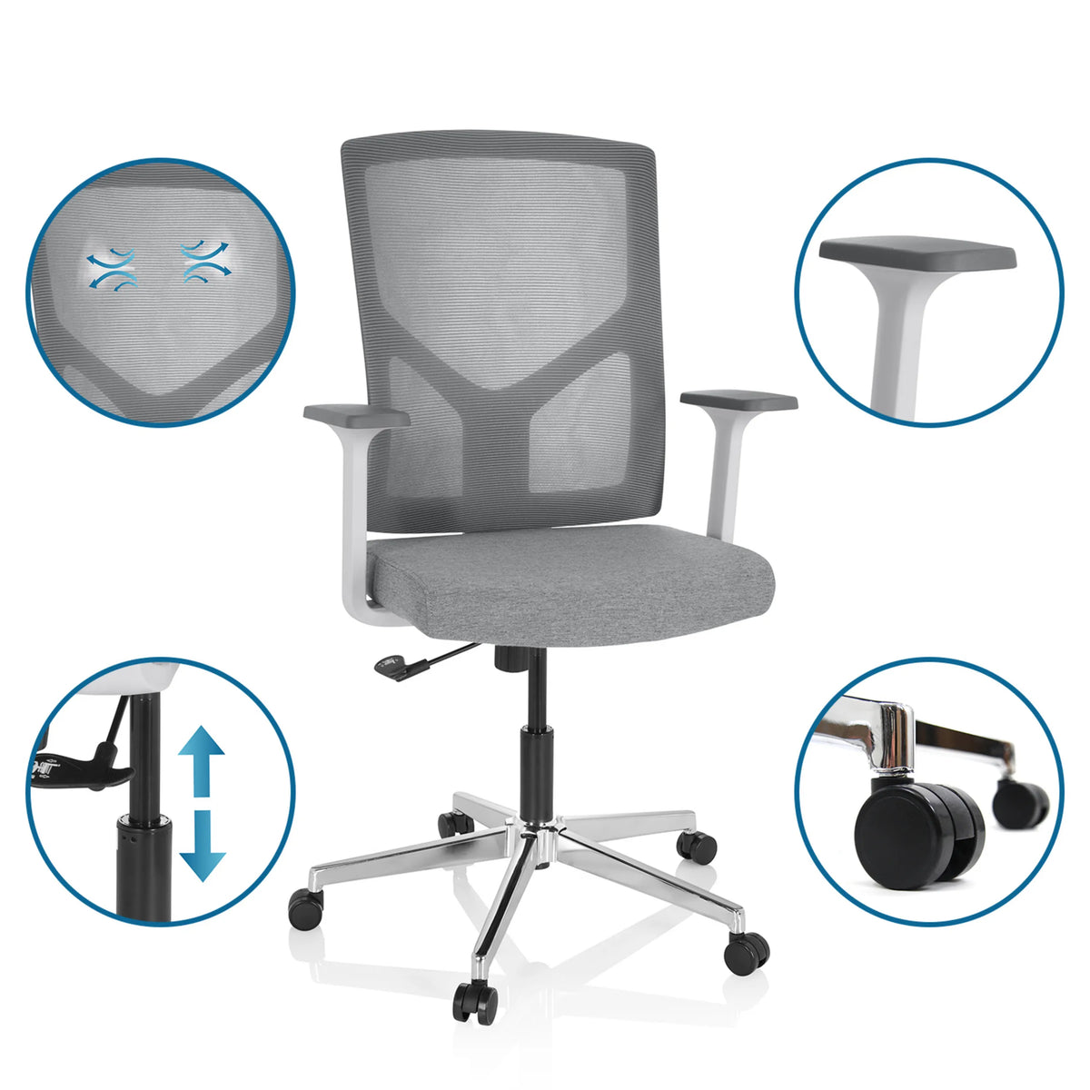 Sedia Home Office BRETON BASE W grigia con schienale in mesh, braccioli e rotelle di hjh OFFICE