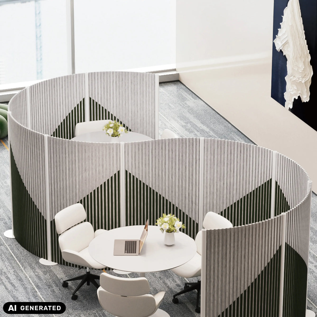 Pareti divisorie Flexmiut Wave grigie con struttura a lamelle verticali come paravento di hjh OFFICE (immagine generata dall’IA)