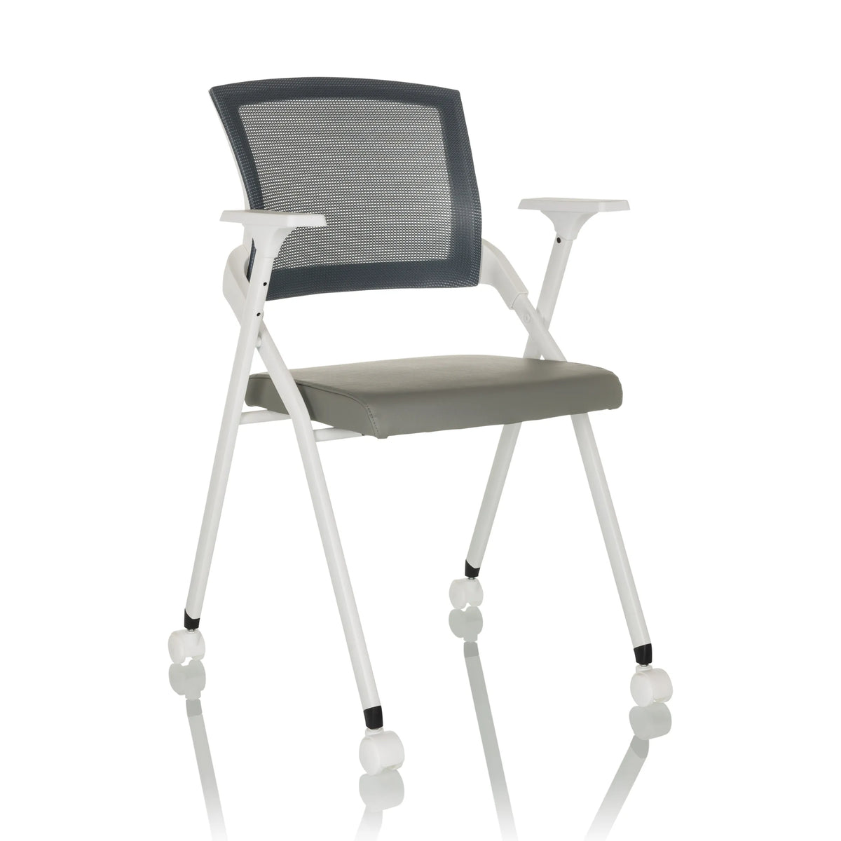 Sedia pieghevole PRIORITY II W PU grigia con schienale in rete, braccioli e ruote di hjh OFFICE – vista a 360° (vista frontale a tre quarti 30°)