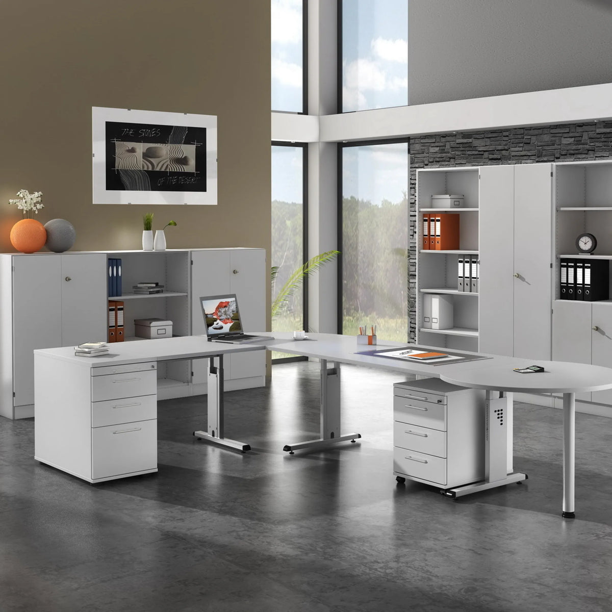 Scrivania regolabile in altezza MEGA 16 S in grigio e argento con cassettiera su ruote e credenza di hjh OFFICE PRO