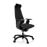 High-end Sedia da ufficio GENIDIA BLACK nera con rivestimento in tessuto e base a cinque ruote di hjh OFFICE – vista a 360° (vista frontale a tre quarti 60°)