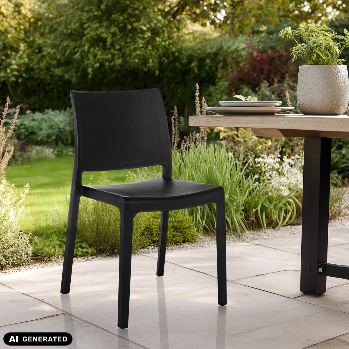 Schwarzer Outdoor-Stuhl T37 V mit glatter Oberfläche auf einer hellen Terrasse im Garten von hjh LIVING (KI-generiertes Bild)