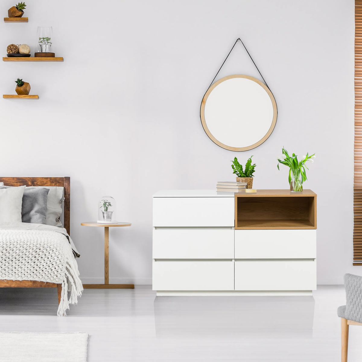 Madia MELMO S in bianco e rovere con tre cassetti e un vano aperto di hjh LIVING