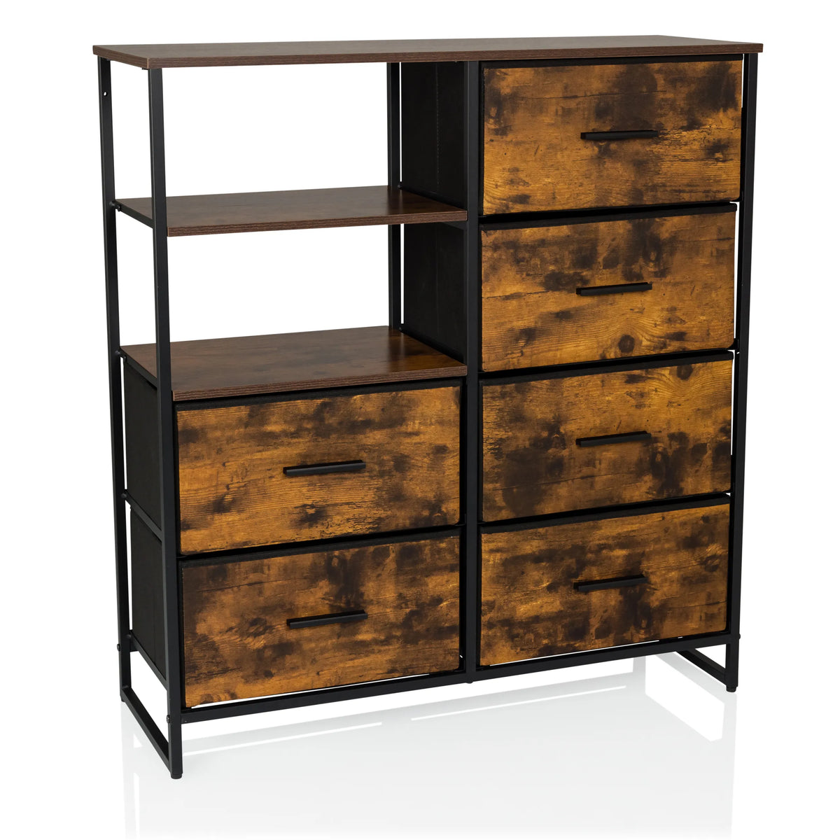 Cassettiera RAGALA in rovere affumicato con accenti in metallo nero, due ripiani e sei cassetti di hjh LIVING – vista a 360° (vista frontale 15°)