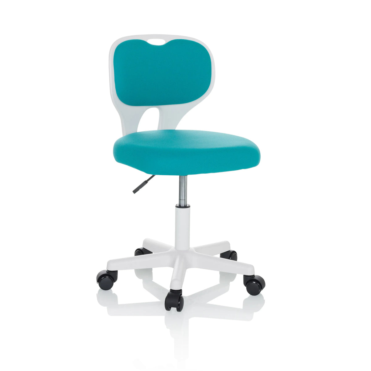 Sedia girevole per bambini KIDDY TOP W blu con struttura bianca e base a cinque ruote di hjh OFFICE – vista a 360° (vista frontale a tre quarti 30°)
