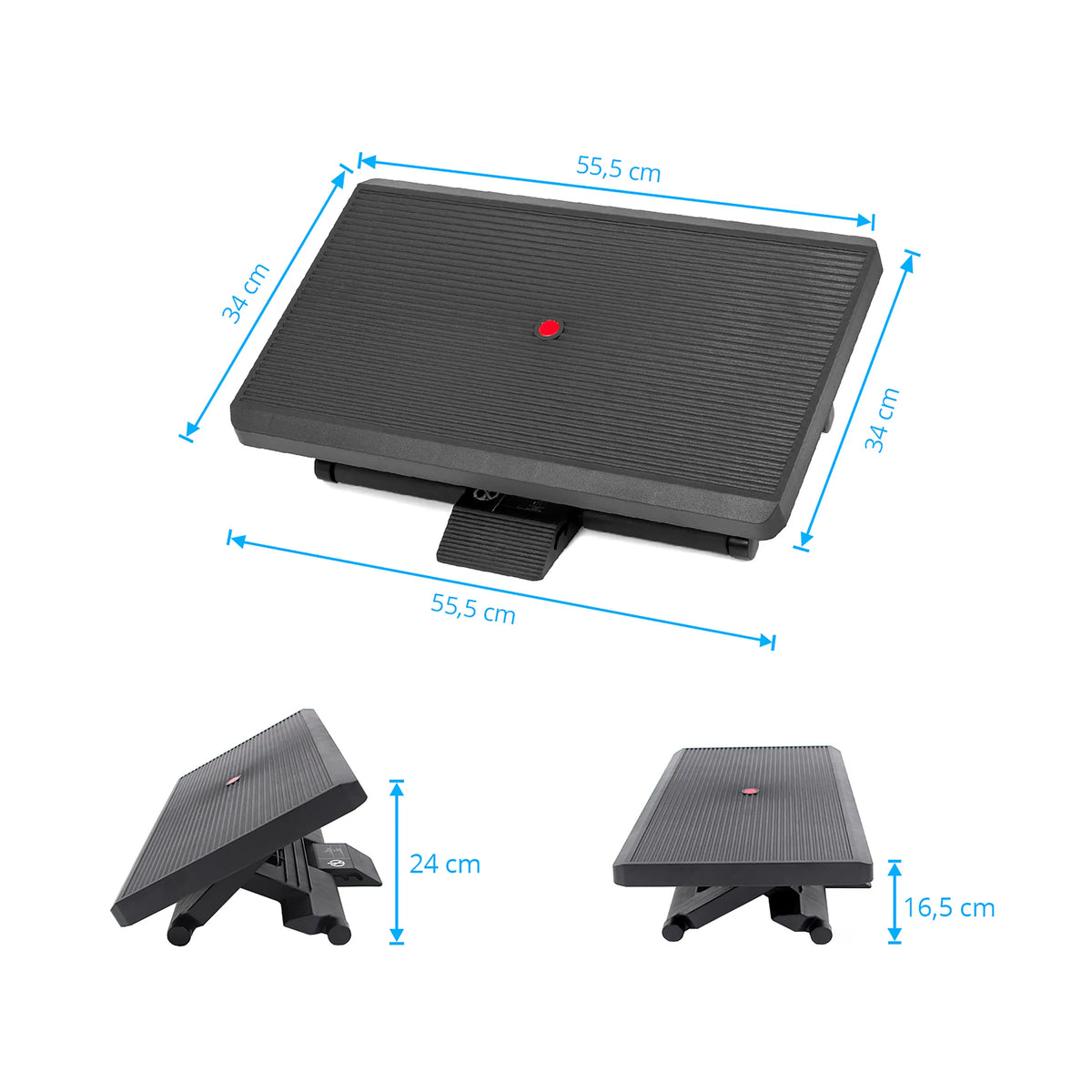Disegno dimensionale del Poggiapiedi PIEDINO STRIPE PRO con 55,5 × 34 cm e un'altezza fino a 24 cm di hjh OFFICE