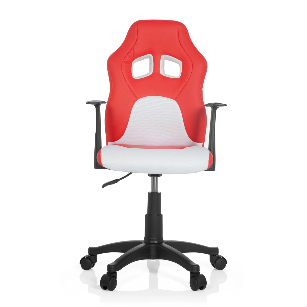 Sedia girevole per bambini TEEN GAME AL rossa e bianca con braccioli e base nera a cinque ruote di hjh OFFICE – vista a 360° (vista frontale 0°)