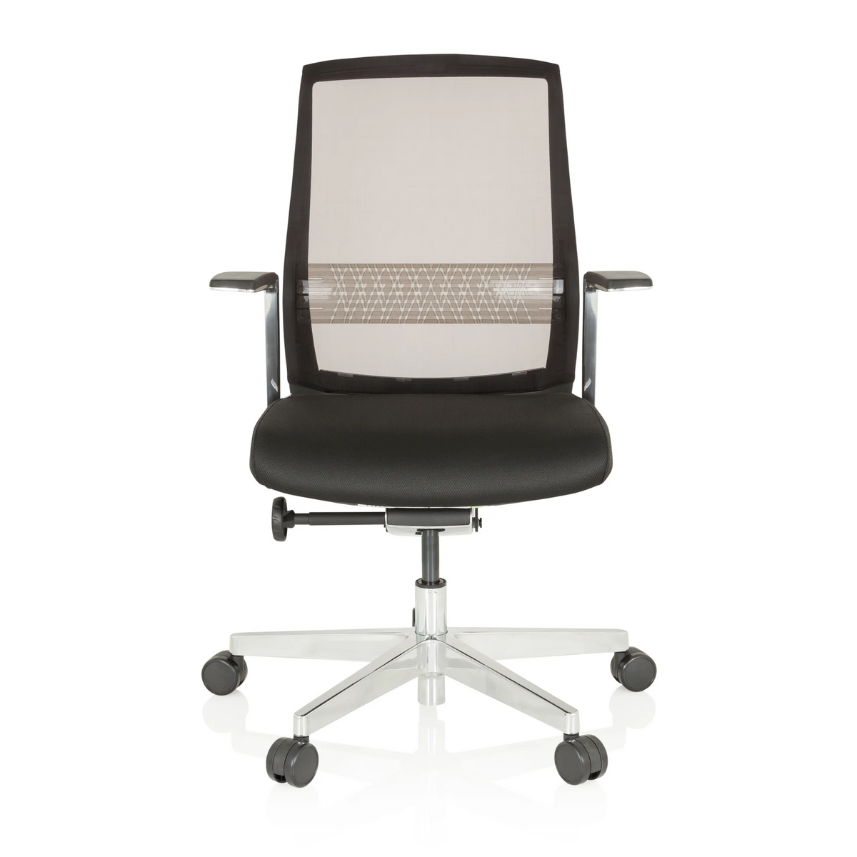 High-end Sedia da ufficio FOUNTAINE PRO nera con schienale in rete e base a cinque ruote di hjh OFFICE – vista a 360° (vista frontale 0°)