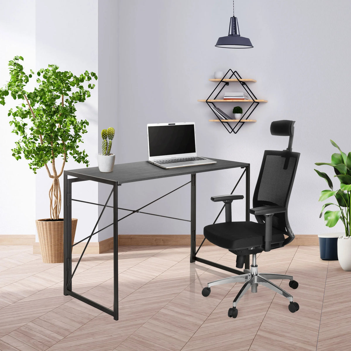Scrivania pieghevole nera EASY UP MULTI con dimensioni 100 x 50 cm e un laptop di hjh OFFICE