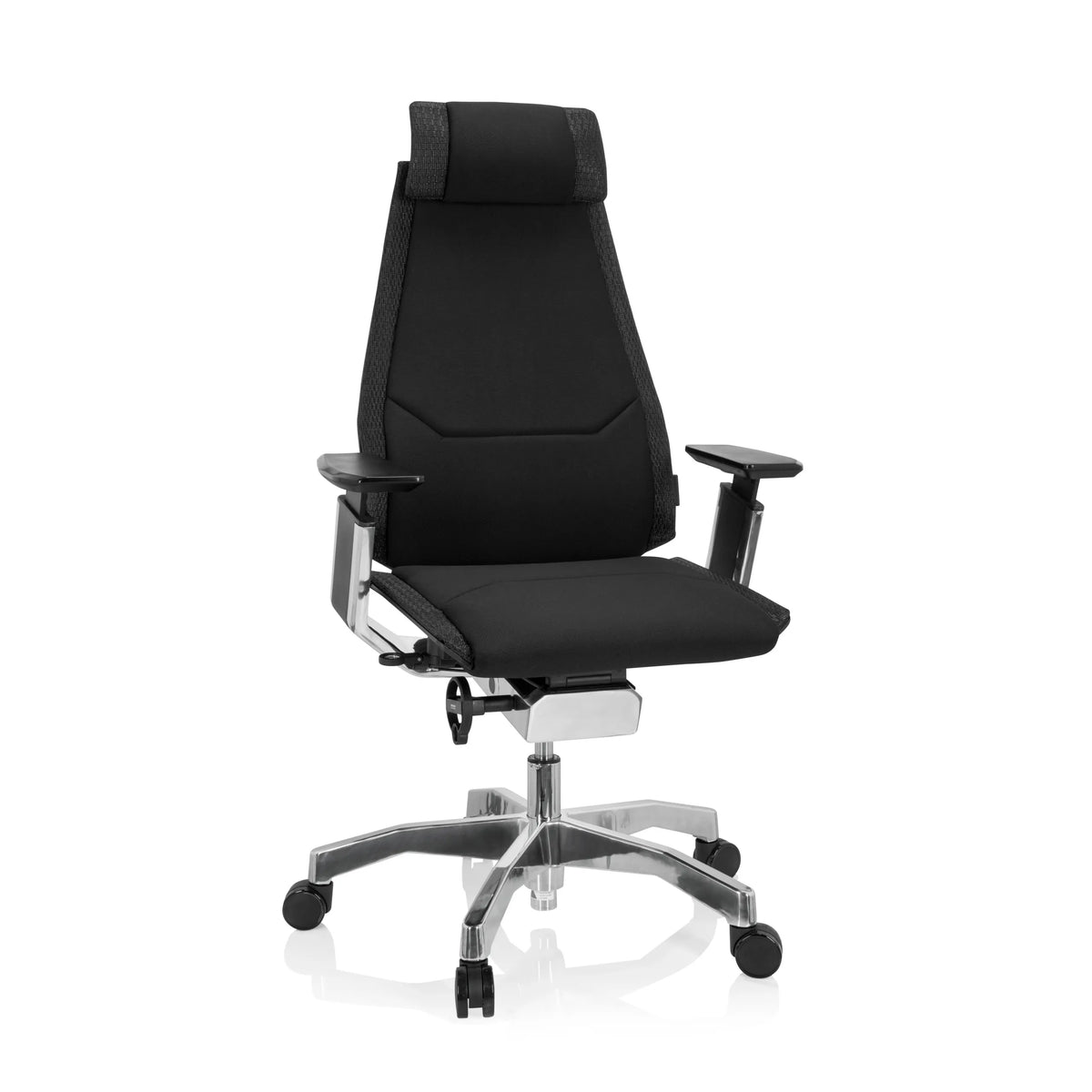High-end Sedia da ufficio GENIDIA PRO nera con rivestimento in tessuto e base a cinque ruote di hjh OFFICE – vista a 360° (vista frontale 20°)