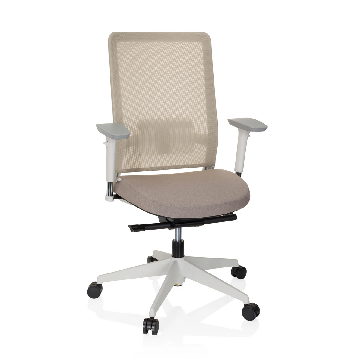 Sedia da ufficio professionale PURE WHITE beige con schienale in rete e base a cinque ruote di hjh OFFICE – vista a 360° (vista frontale 20°)