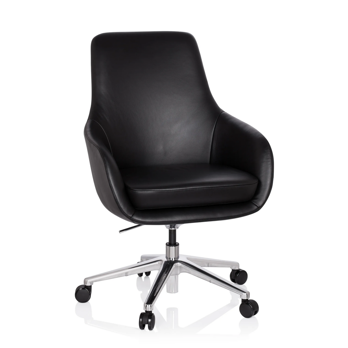 Poltrona professionale BARENO nera con rivestimento in pelle e base a cinque ruote di hjh OFFICE – vista a 360° (vista frontale 20°)