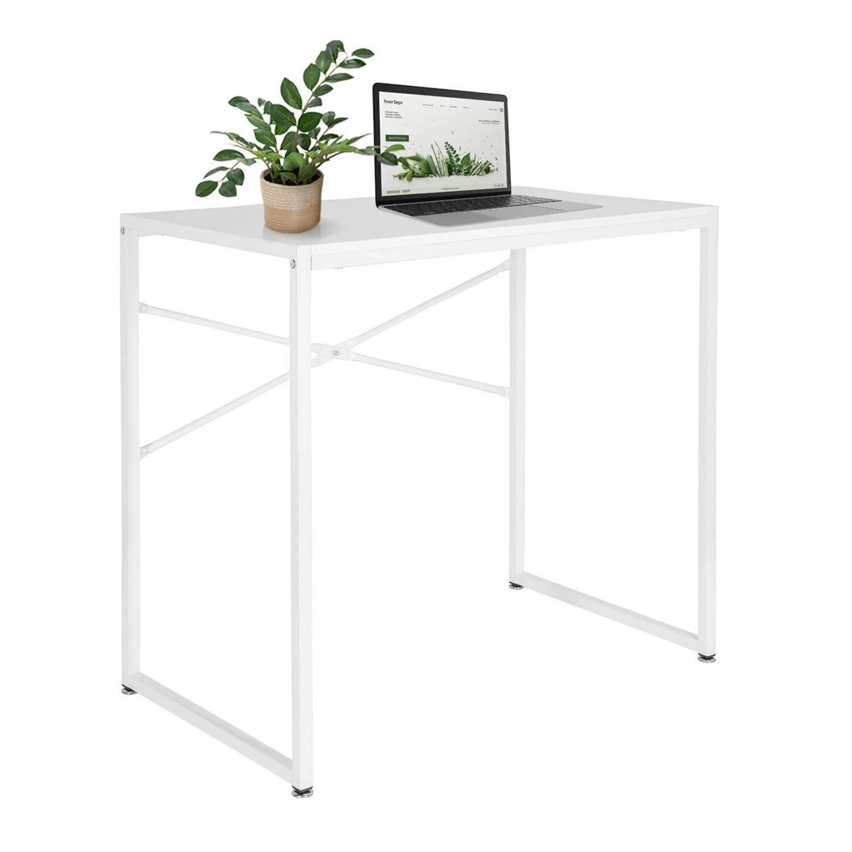 Scrivania bianca EASY UP H I con struttura in metallo, un laptop e una pianta di hjh OFFICE
