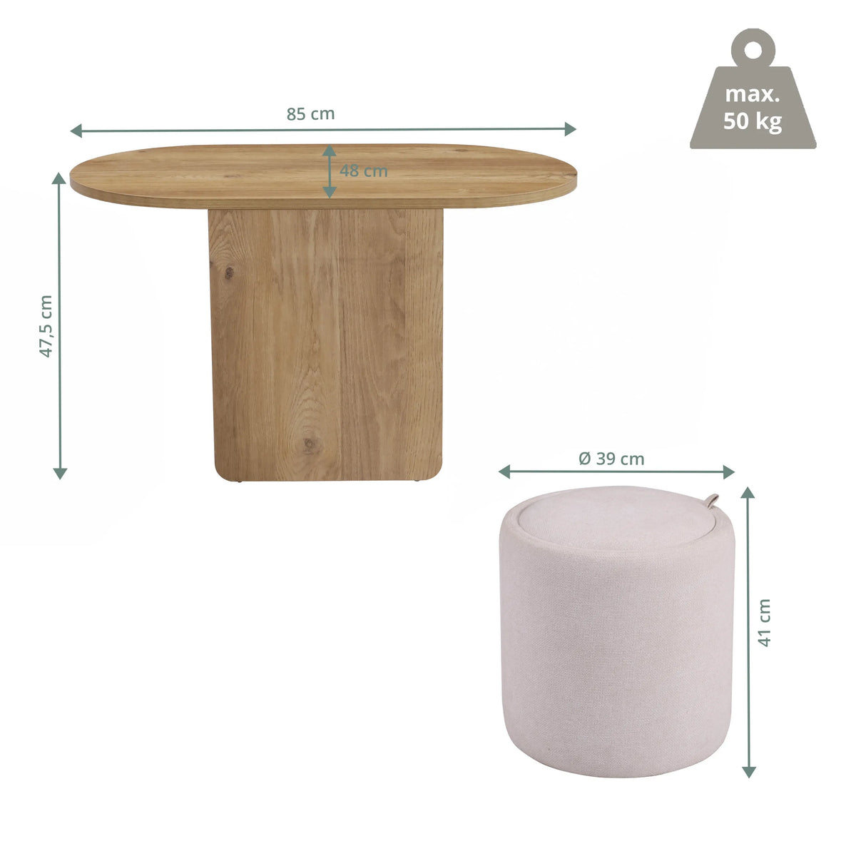 Disegno tecnico del tavolino Nestup con un diametro di 85 cm e un'altezza di 47,5 cm di hjh LIVING