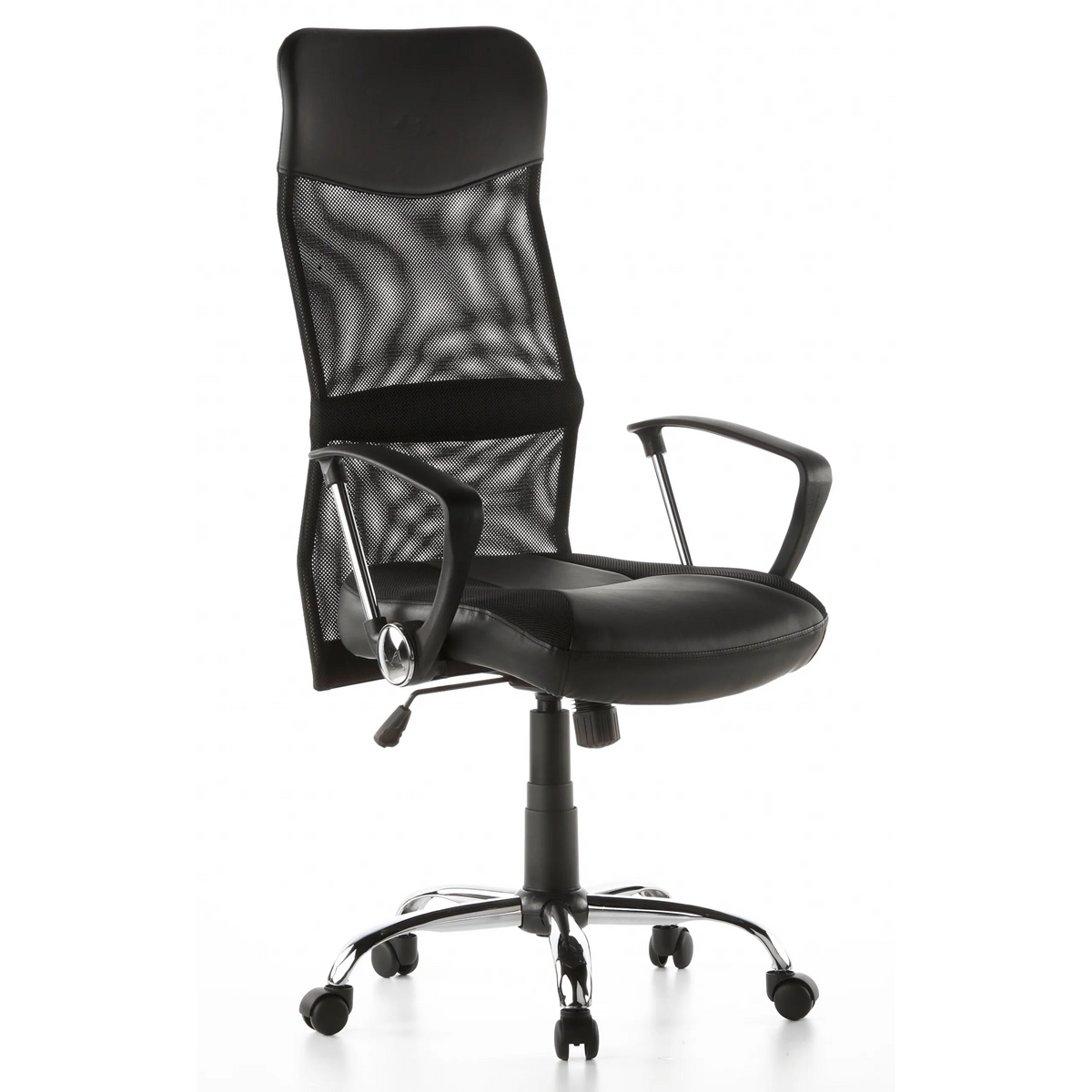 Poltrona Home Office ARTON 20 nera con schienale in rete e base a cinque ruote di hjh OFFICE – vista a 360° (vista frontale a tre quarti 40°)