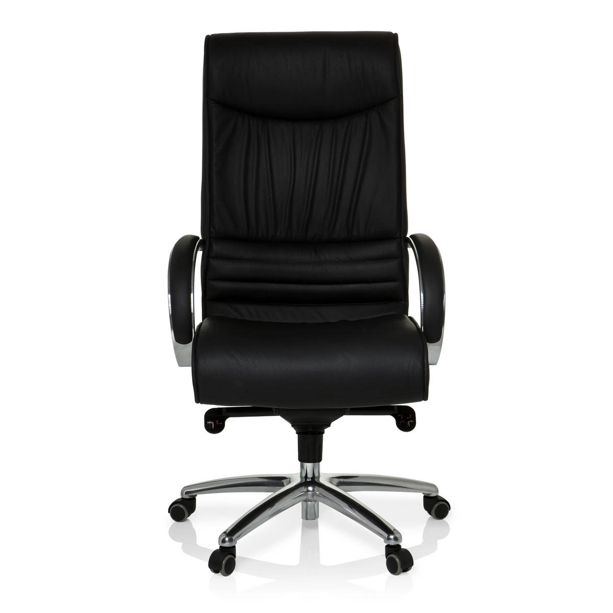 Sedia girevole XXL F 400 nera in pelle con base a stella e cinque ruote di hjh OFFICE – vista a 360° (vista frontale 0°)