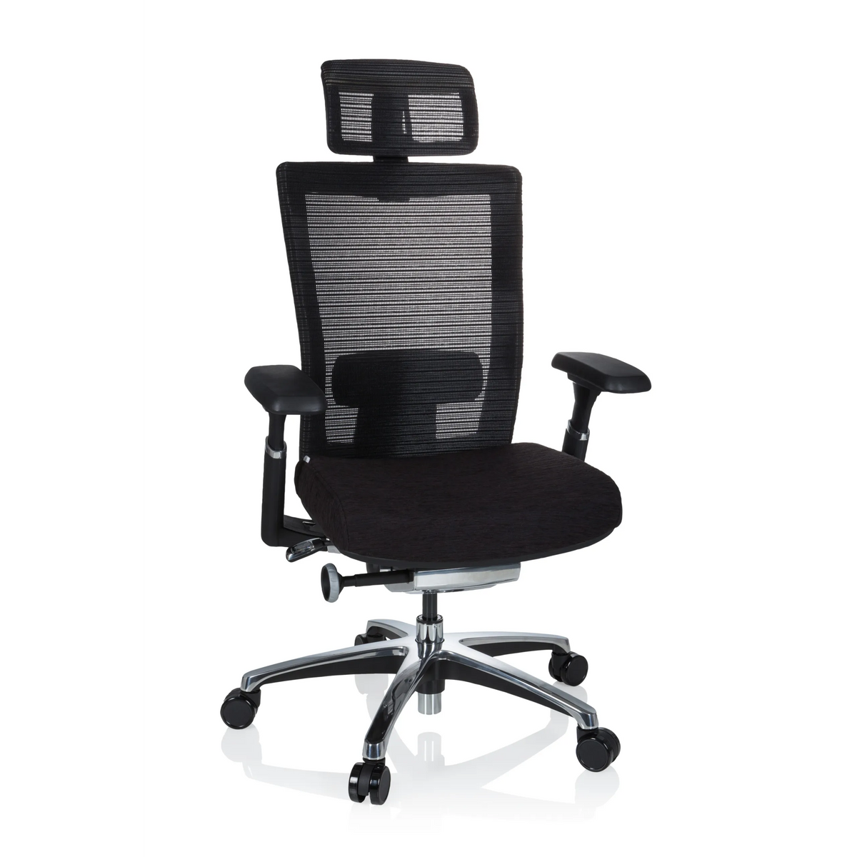 High-end Sedia da ufficio NOVA PRO I nera con schienale in rete e base a cinque ruote di hjh OFFICE – vista a 360° (vista frontale 20°)