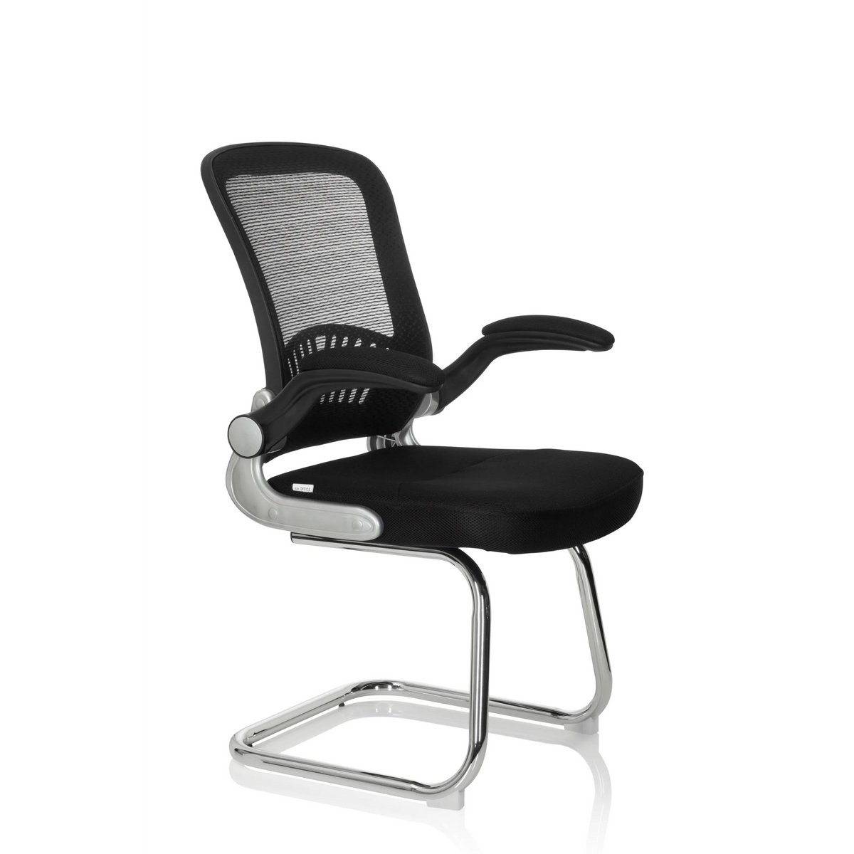 Sedia a sbalzo FLYER PRO V nera con schienale in rete, braccioli e base a slitta di hjh OFFICE – vista a 360° (vista frontale a tre quarti 60°)