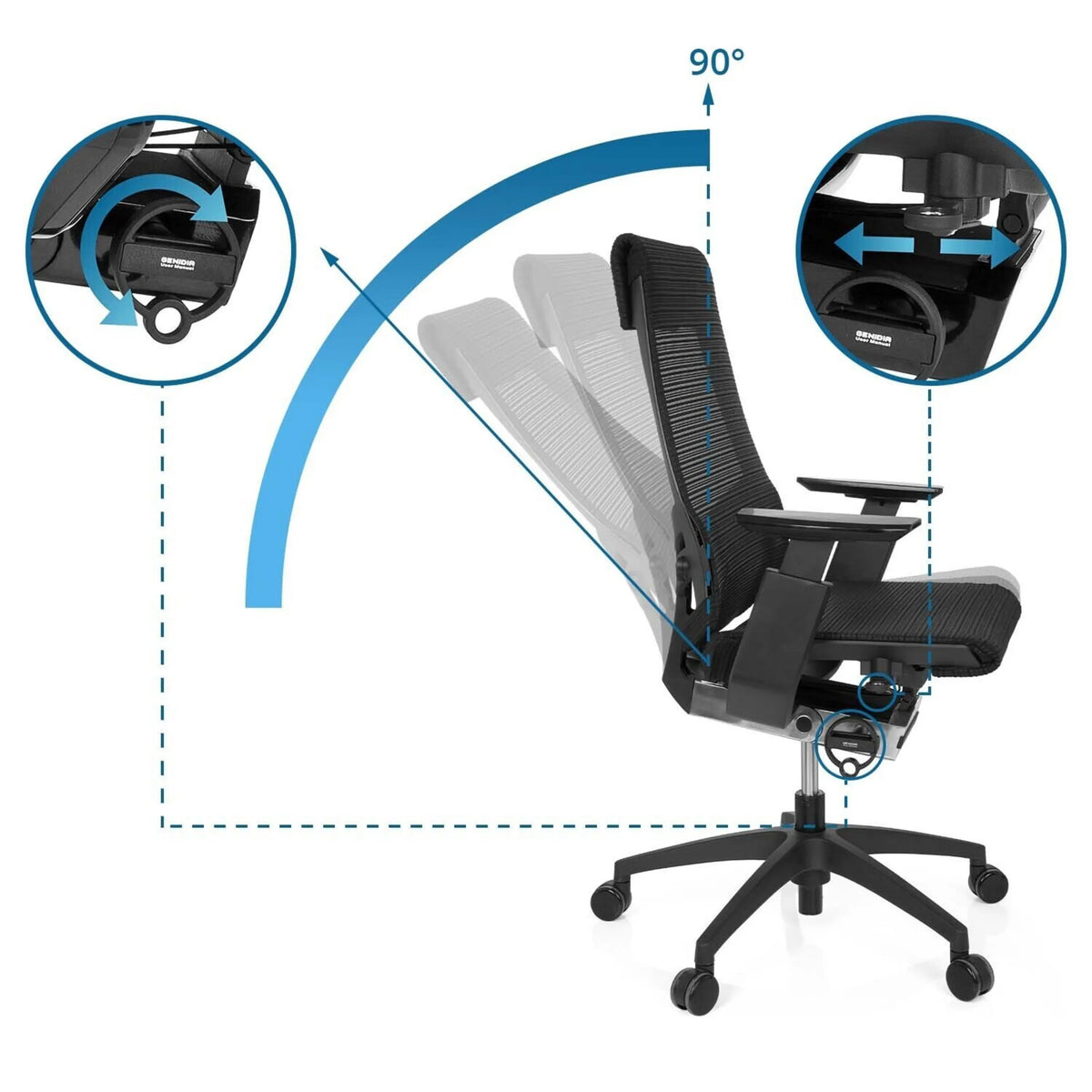 Schienale regolabile con angolo di inclinazione di 90 gradi della Sedia da ufficio professionale GENIDIA SMART BLACK di hjh OFFICE