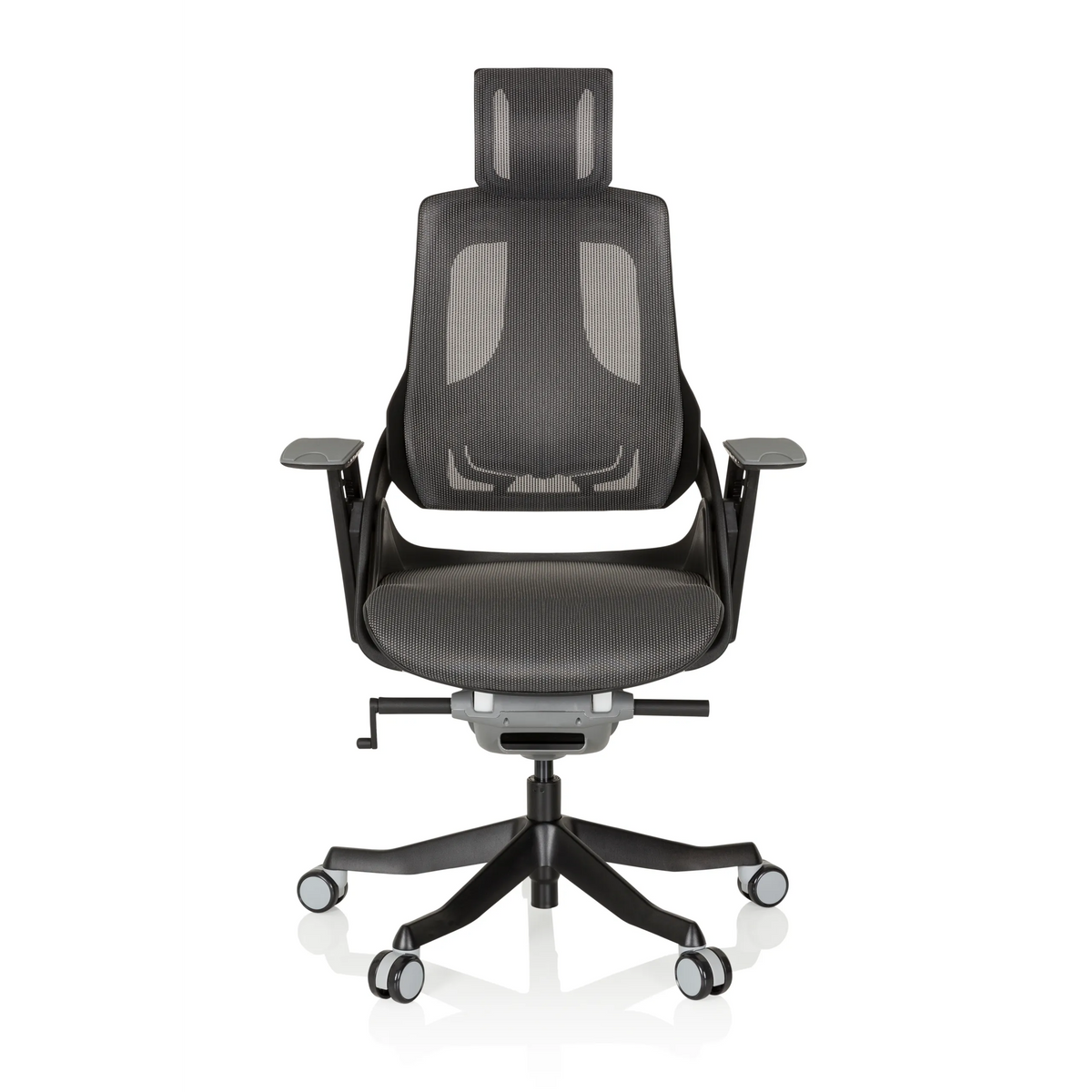 Sedia da ufficio professionale SPEKTRE BLACK grigio-nera con schienale in rete e base a cinque ruote di hjh OFFICE – vista a 360° (vista frontale 0°)