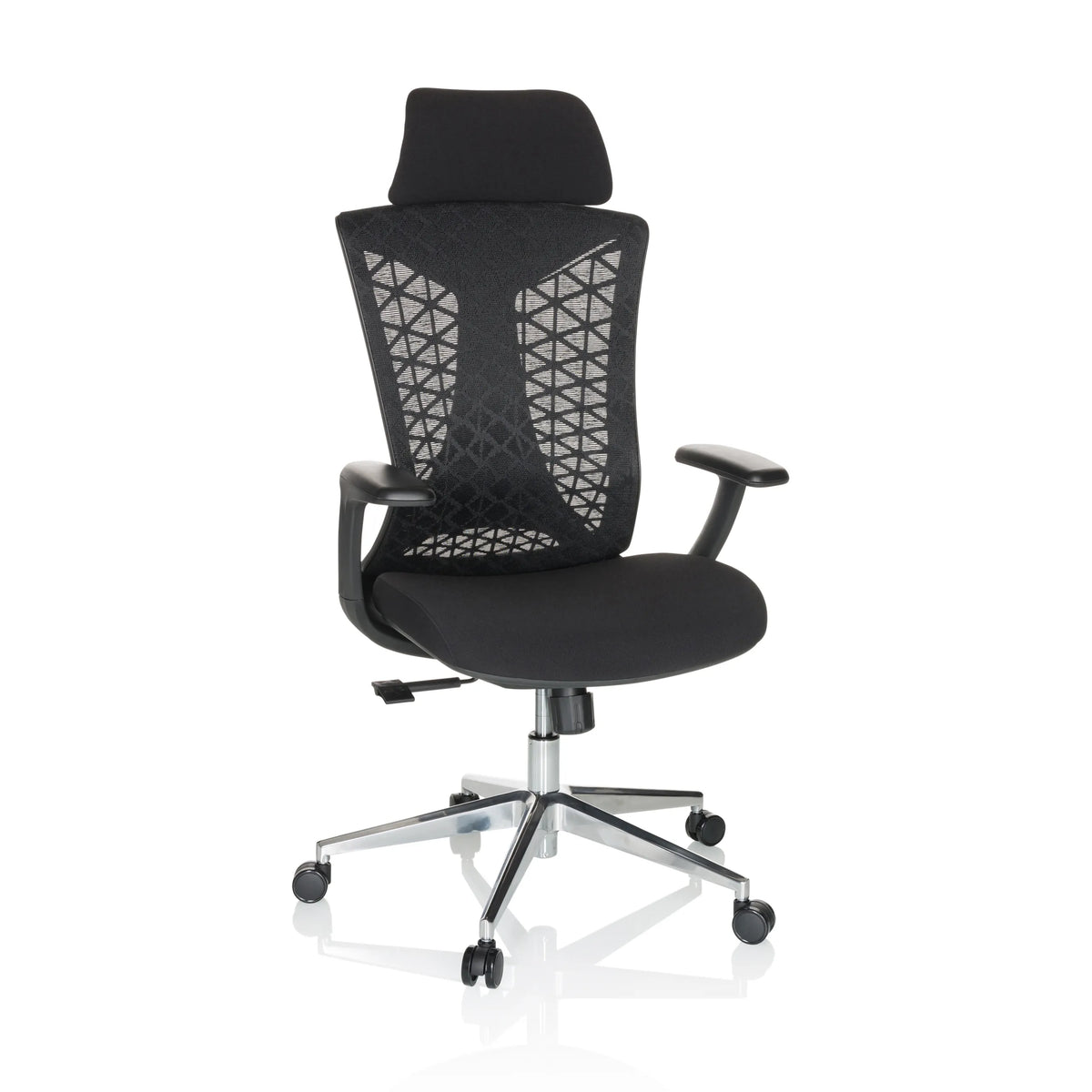 Sedia da ufficio professionale FALEO B nera con schienale in rete e base a cinque ruote di hjh OFFICE – vista a 360° (vista frontale 15°)