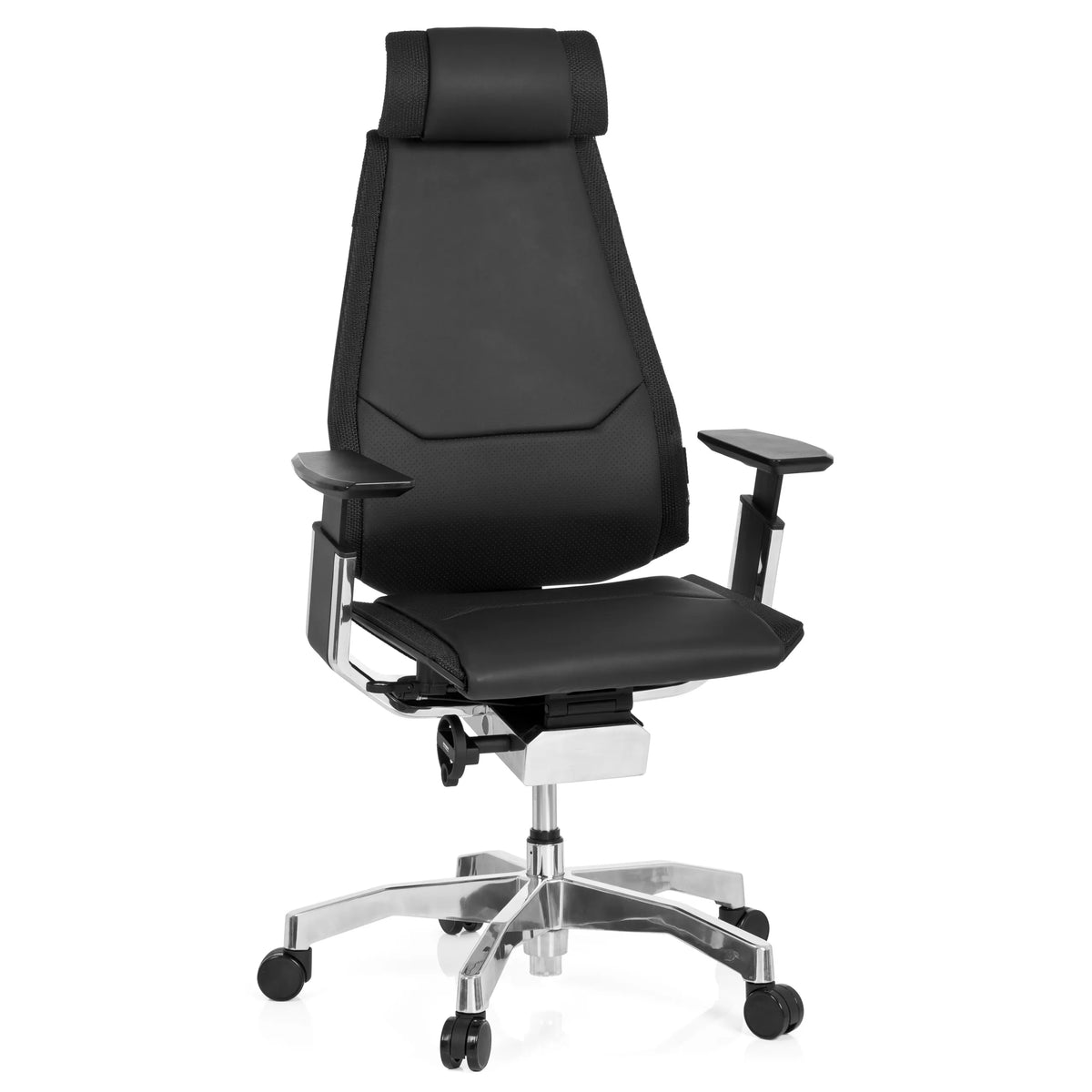 High-end Sedia da ufficio GENIDIA PRO nera in pelle con braccioli e base a cinque ruote di hjh OFFICE – vista a 360° (vista frontale 20°)