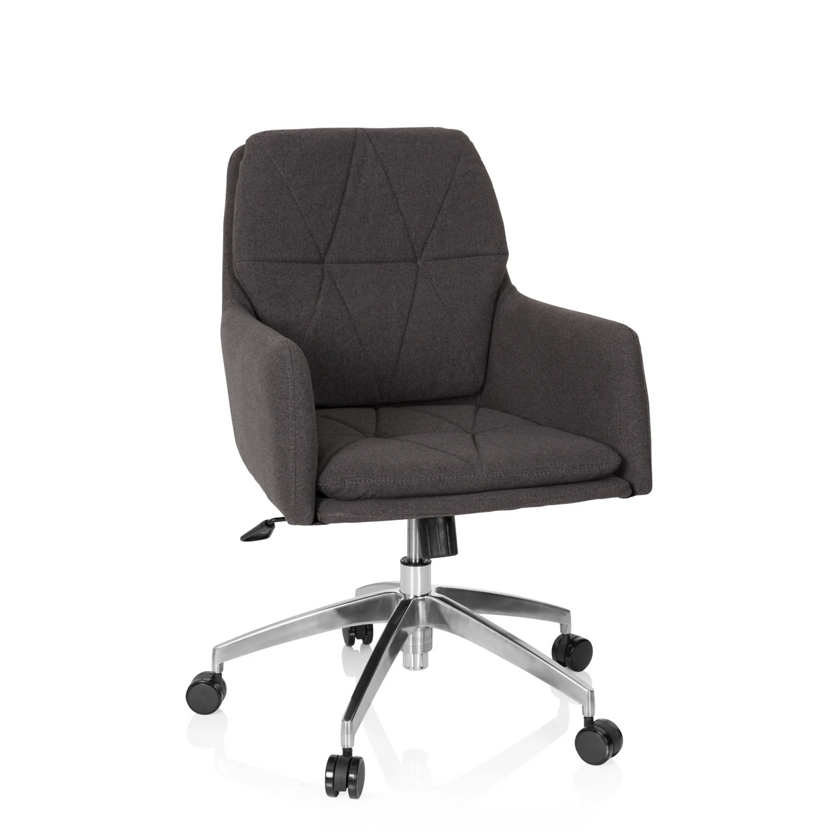 Sedia Home Office SHAKE 350 grigio scuro con motivo trapuntato e base a cinque ruote di hjh OFFICE – vista a 360° (vista frontale 20°)