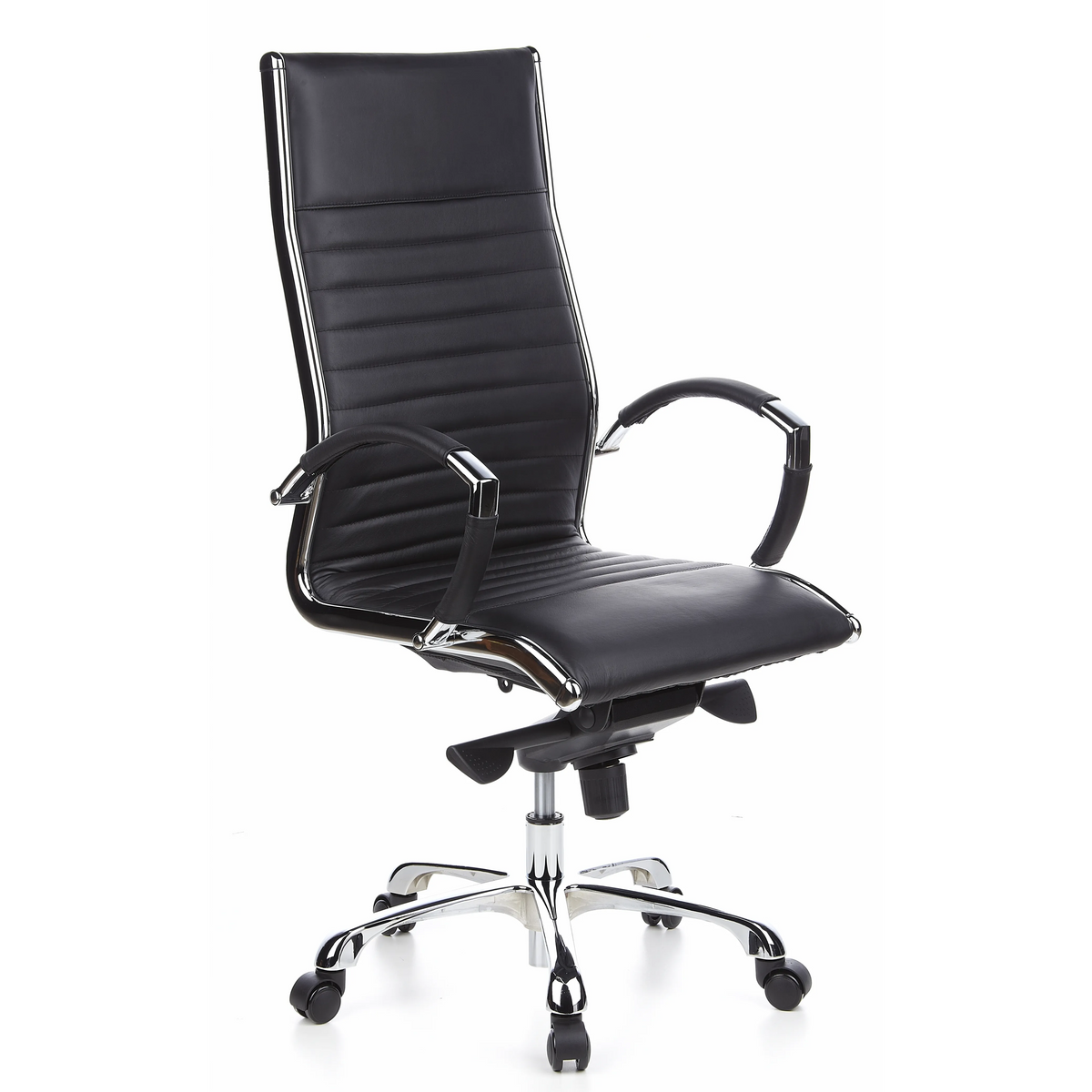 Poltrona professionale PARMA 20 nera con rivestimento in pelle trapuntata e base a cinque ruote di hjh OFFICE – vista a 360° (vista frontale a tre quarti 40°)