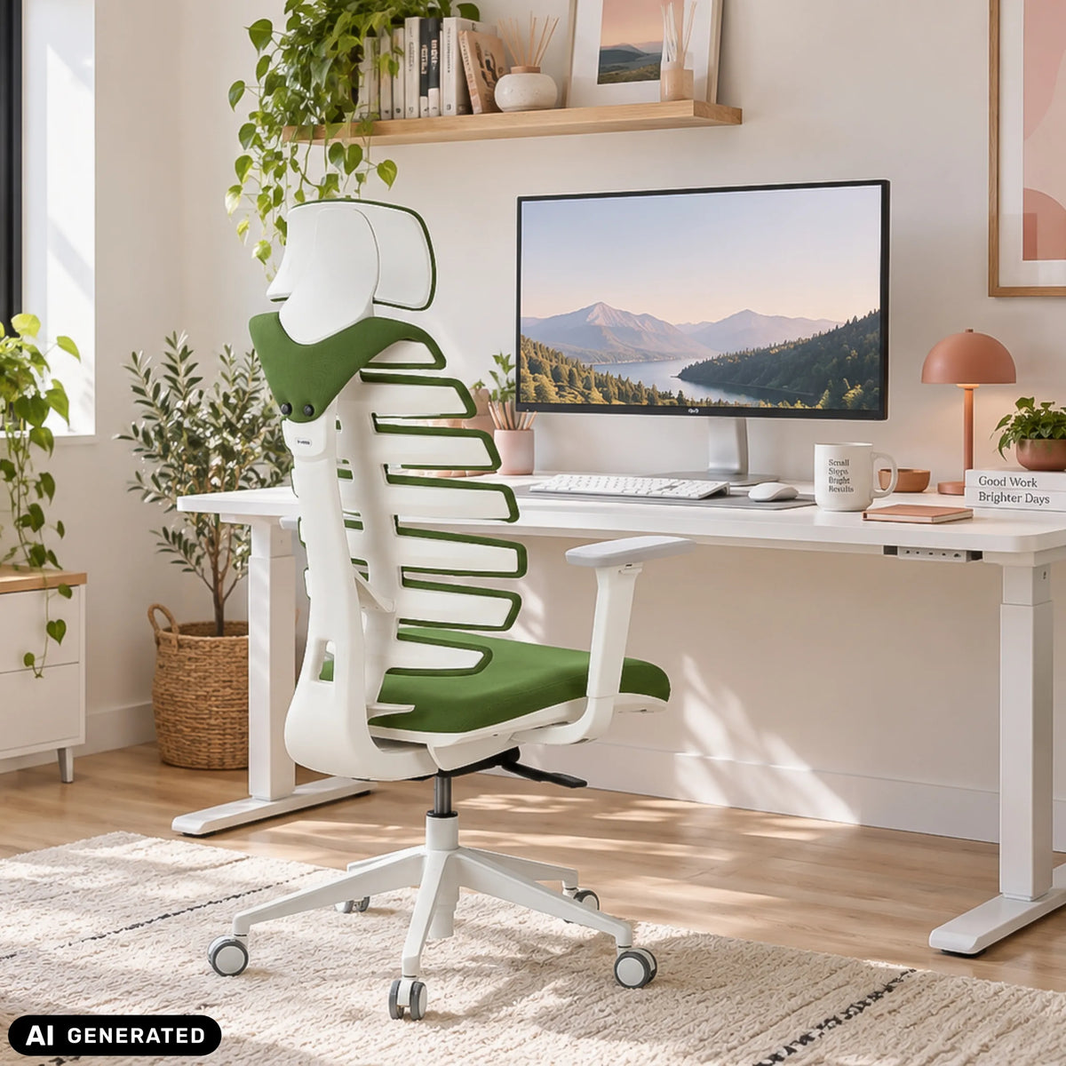 Sedia da ufficio professionale ERGO LINE W in Mystic Forest con struttura bianca di hjh OFFICE (immagine generata dall’IA)