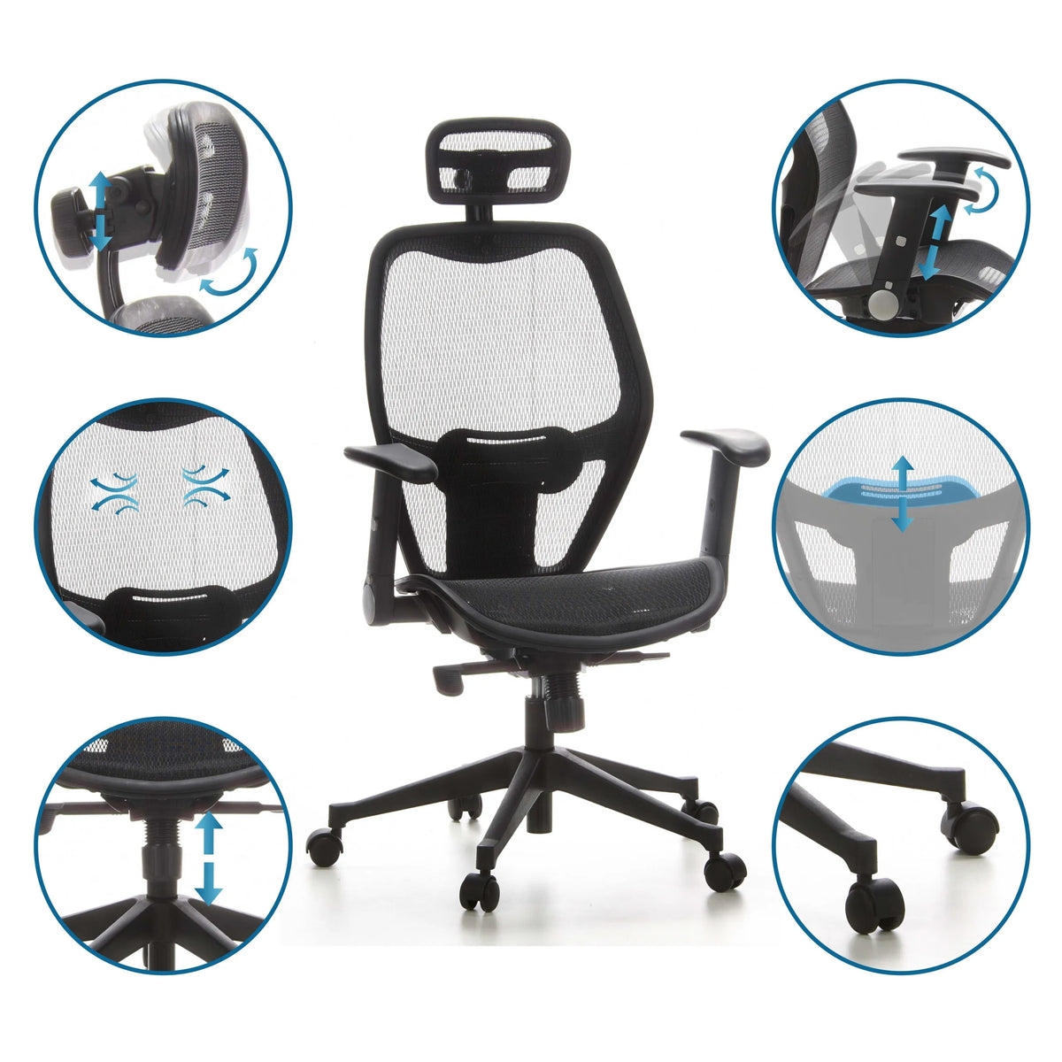 Funzioni regolabili della Sedia da ufficio professionale AIR-PORT con rivestimento in rete nero di hjh OFFICE