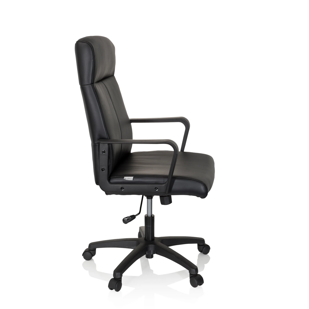 Poltrona professionale LISSO nera con braccioli e base a cinque ruote di hjh OFFICE – vista a 360° (profilo laterale 80°)