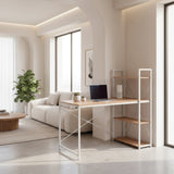 Scrivania Easy Up3 in bianco e rovere con scaffale integrato e laptop sul piano di lavoro di hjh LIVING