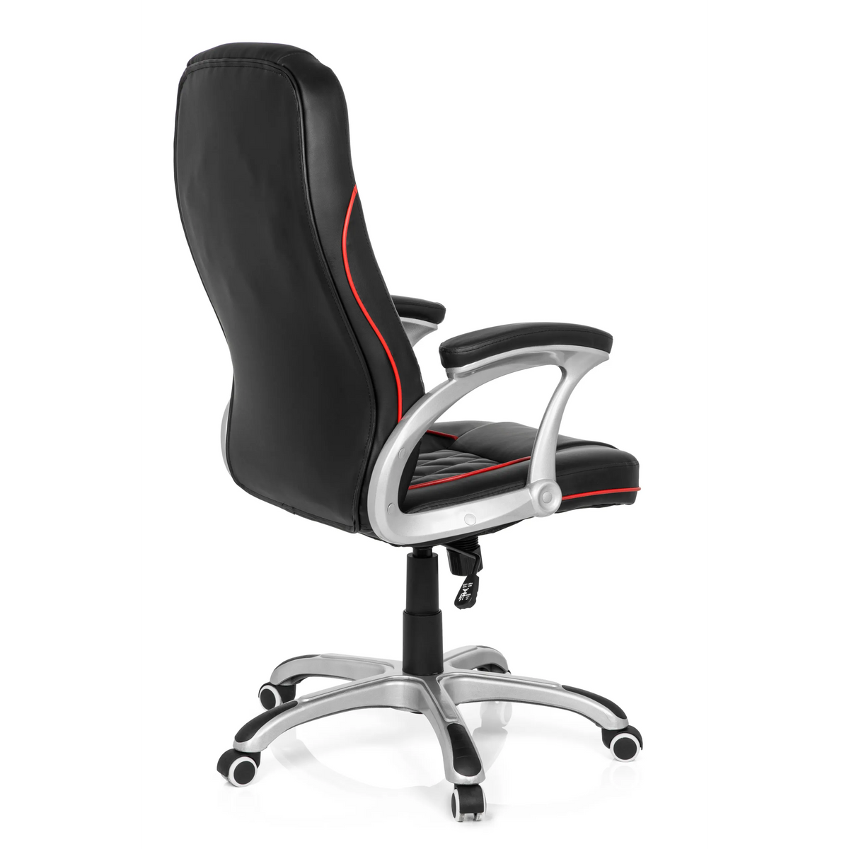 Sedia da gaming RELAX AB100 nera con cuciture decorative rosse, trapuntatura e base a cinque ruote di MyBuero – vista a 360° (vista posteriore a tre quarti 120°)