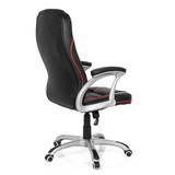 Sedia da gaming RELAX AB100 nera con cuciture decorative rosse, trapuntatura e base a cinque ruote di MyBuero – vista a 360° (vista posteriore a tre quarti 120°)