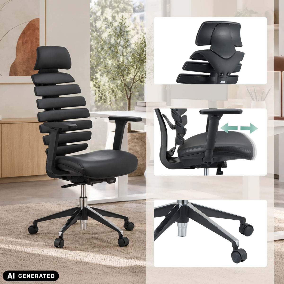 Sedia da ufficio professionale ERGO LINE II PRO nera in pelle con braccioli regolabili di hjh OFFICE (immagine generata dall’IA)