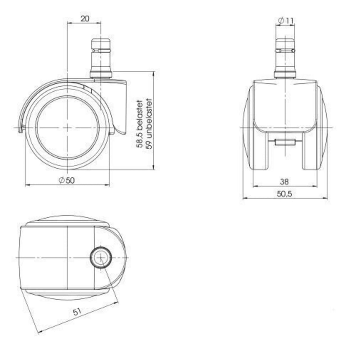 Disegno tecnico delle Rotelle per Sedia 5x ROLO EASY 11mm/50mm con un diametro di 50 mm di hjh OFFICE