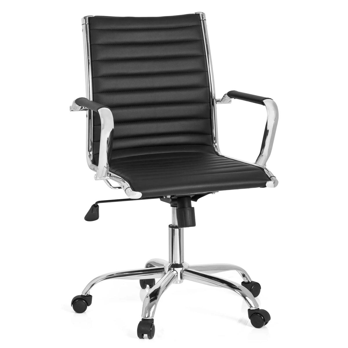 Poltrona professionale VEMONA 10 nera con impunture trasversali e base a cinque ruote di hjh OFFICE – vista a 360° (vista frontale 20°)