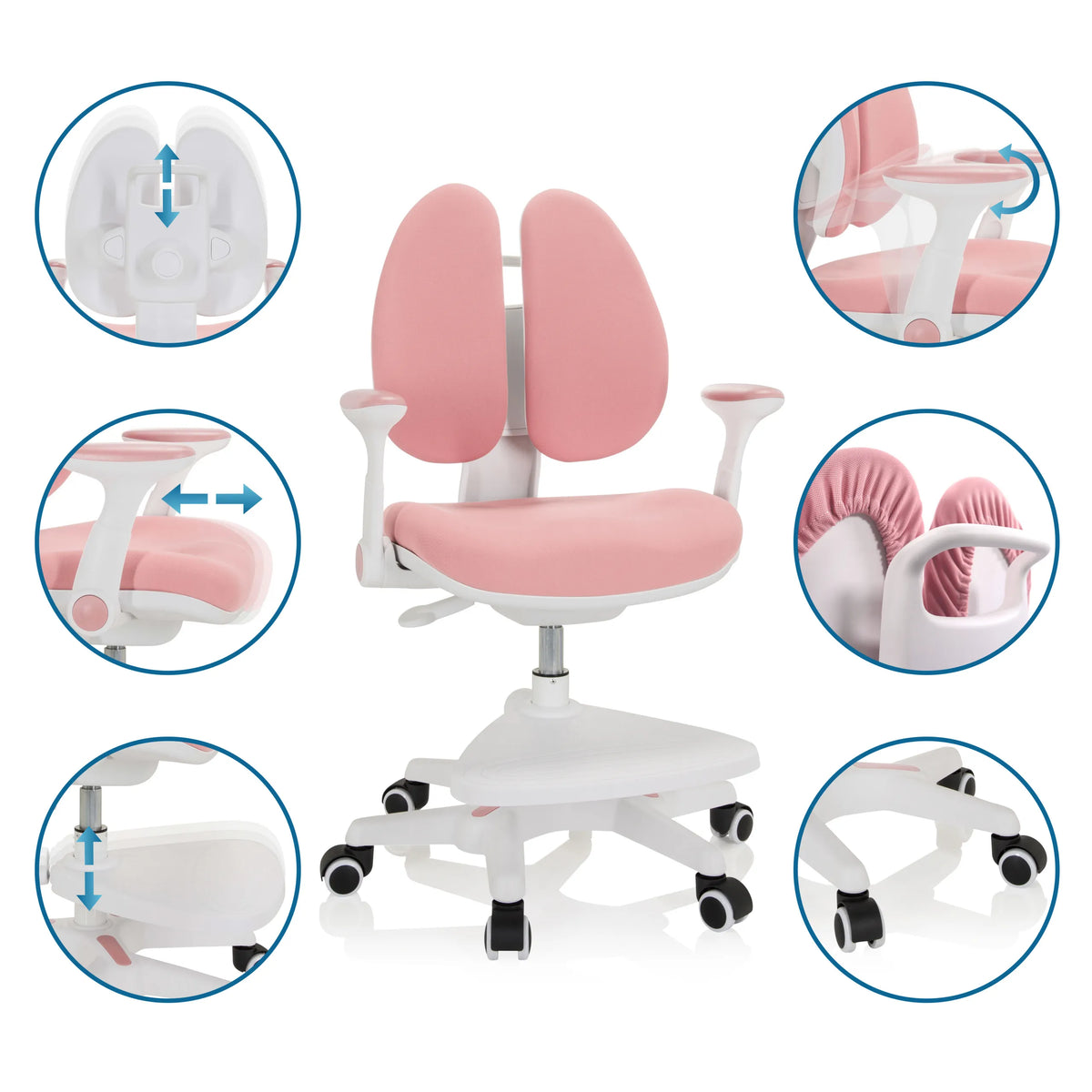 Sedia per bambini rosa KID WING con diverse possibilità di regolazione per schienale, braccioli e altezza del sedile di hjh OFFICE