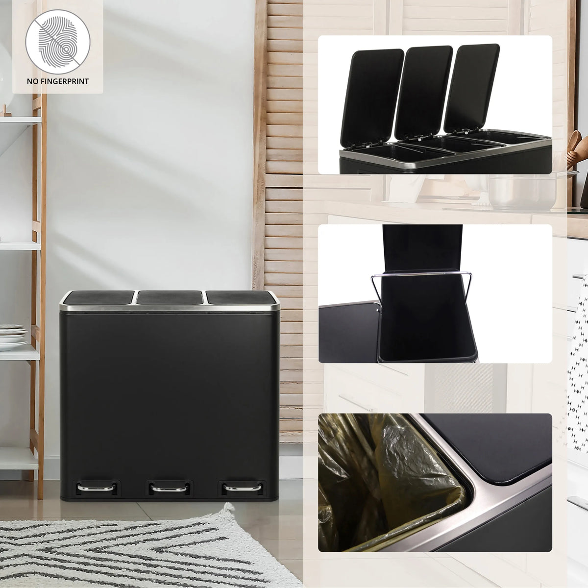 Cestino nero Clean 9 con coperchio argento accanto a una scrivania di hjh OFFICE