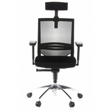 Sedia da ufficio professionale PORTO MAX nera con schienale in rete, poggiatesta e base a cinque ruote di hjh OFFICE – vista a 360° (vista frontale 0°)